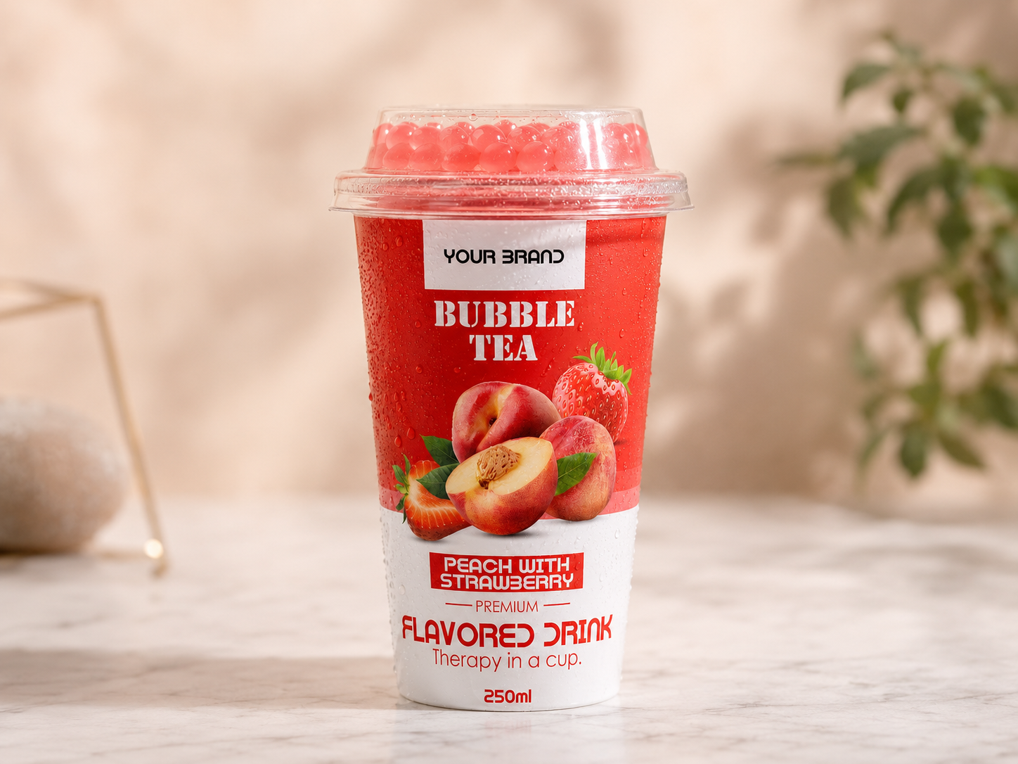 BUBBLE TEA Peach with Strawberry flavour in a 250ml cup.